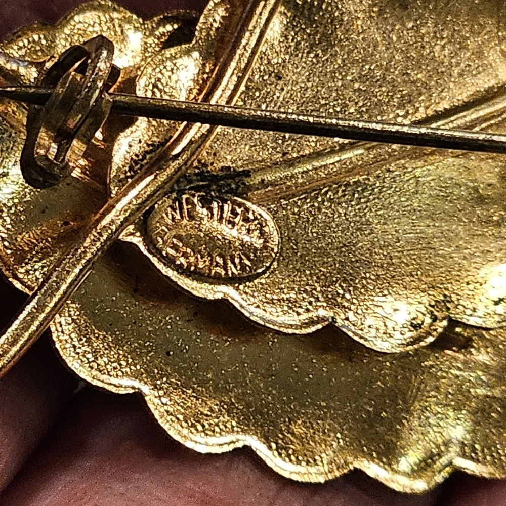 Vintage West Germany Mid Century goldtone leaf brooch w/ Aurora Borealis Stones
